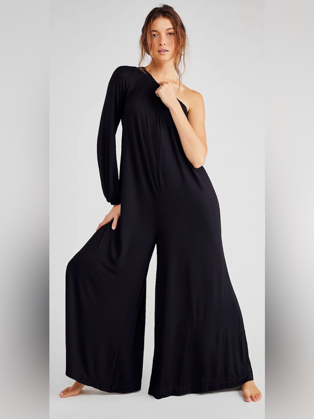 Free People Beach Sunday Stroll Wide Leg One Sleeve Jumpsuit, Black Size Medium